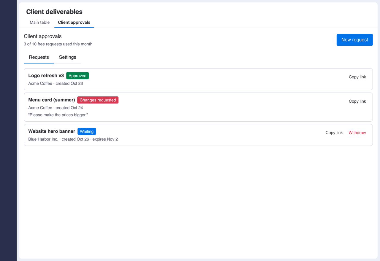 The Client approvals board view lists every request with its status.